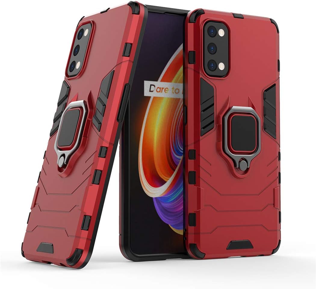 Compatible with Realme7 Pro Case, Metal Ring Grip Kickstand Shockproof Hard Bumper (Works with Magnetic Car Mount) Dual Layer Rugged Cover for Oppo Realme 7 Pro (Red)