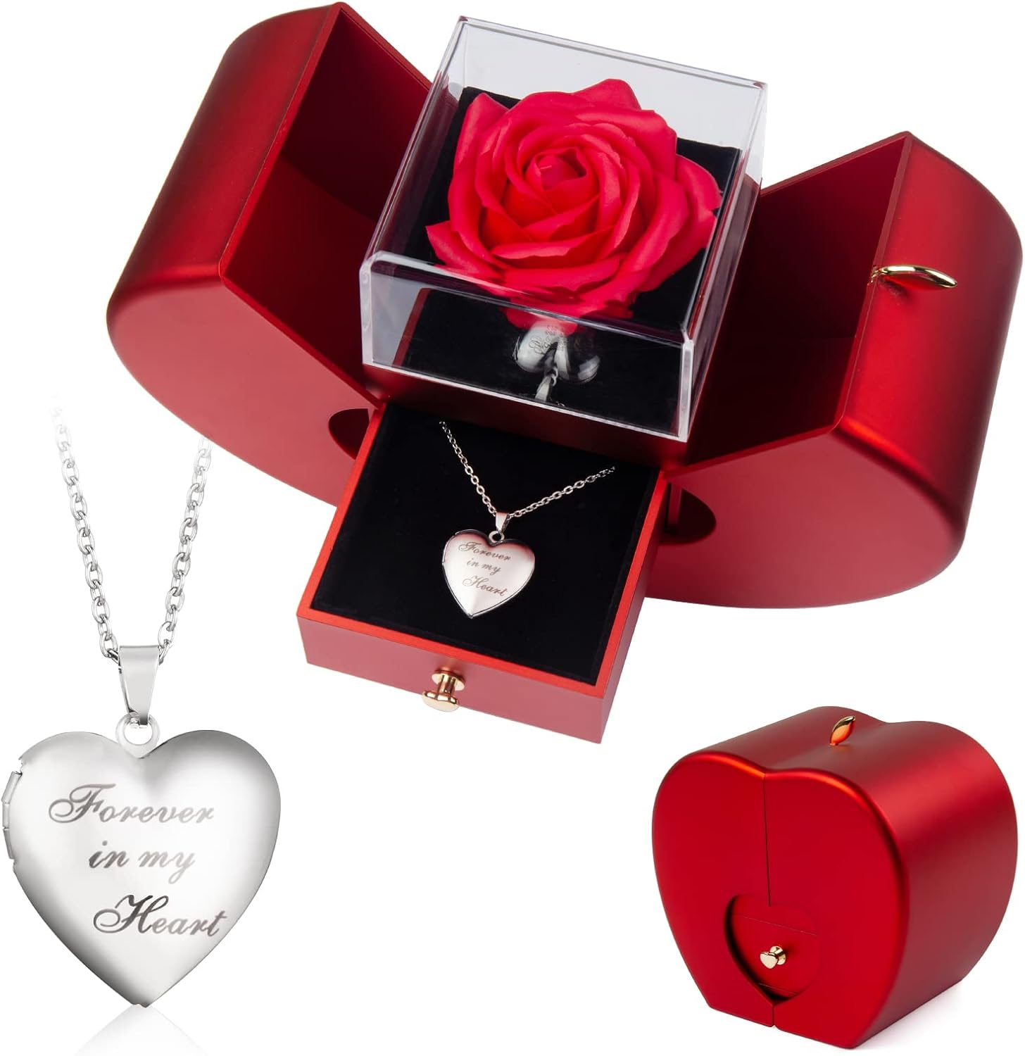 SOVIUPRZ Preserved Rose in A Box Forever Red Roses Heart Box to My Love Eternal Flower Box for Her Girlfriend Wife Mom Preserved Roses with Custom Photo Necklace Cherish These