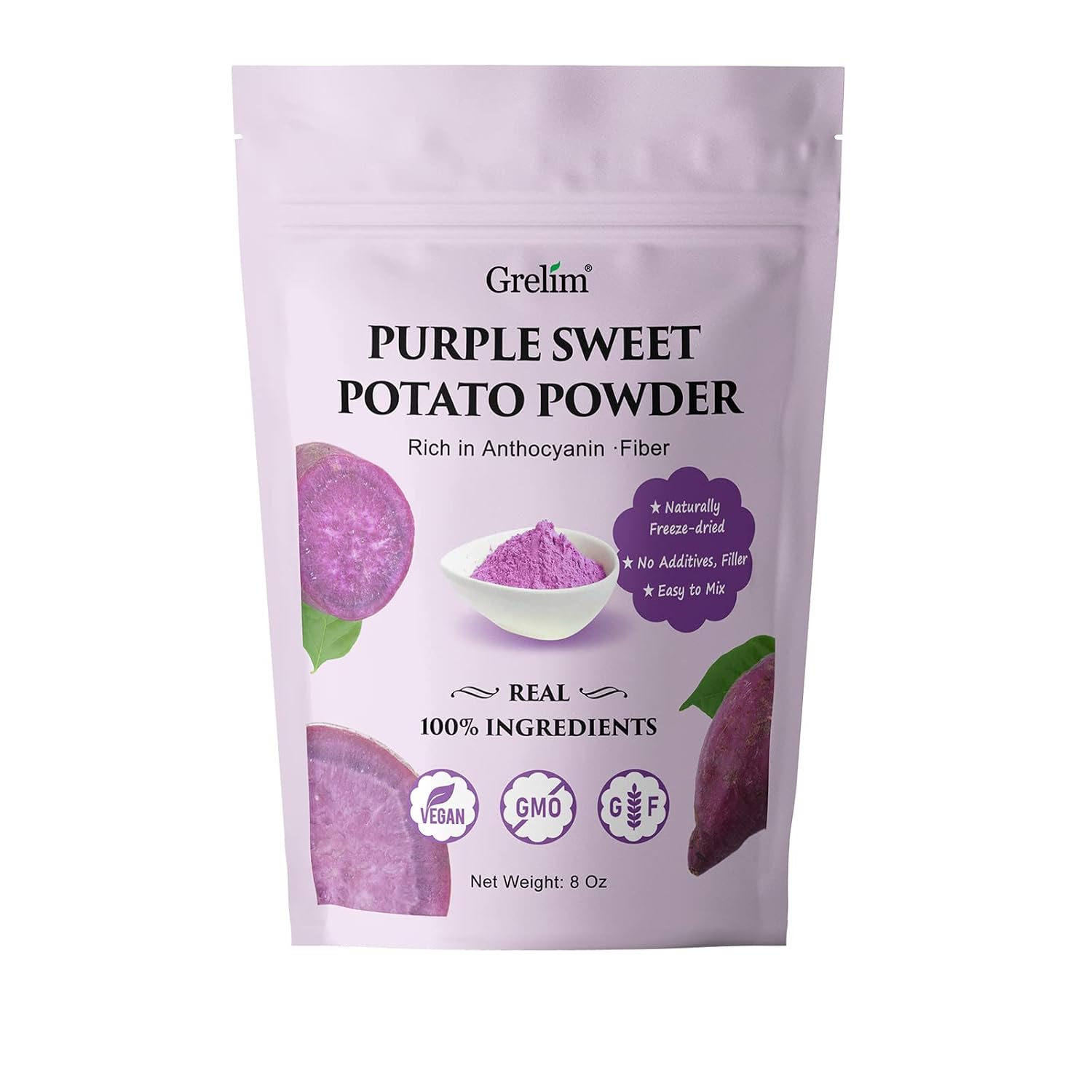 Grelim Premium Purple Sweet Potato Powder 8 Oz, Pure Natural Ube (Purple Yam) Powder Gluten Free Vegan Non-GMO 227g