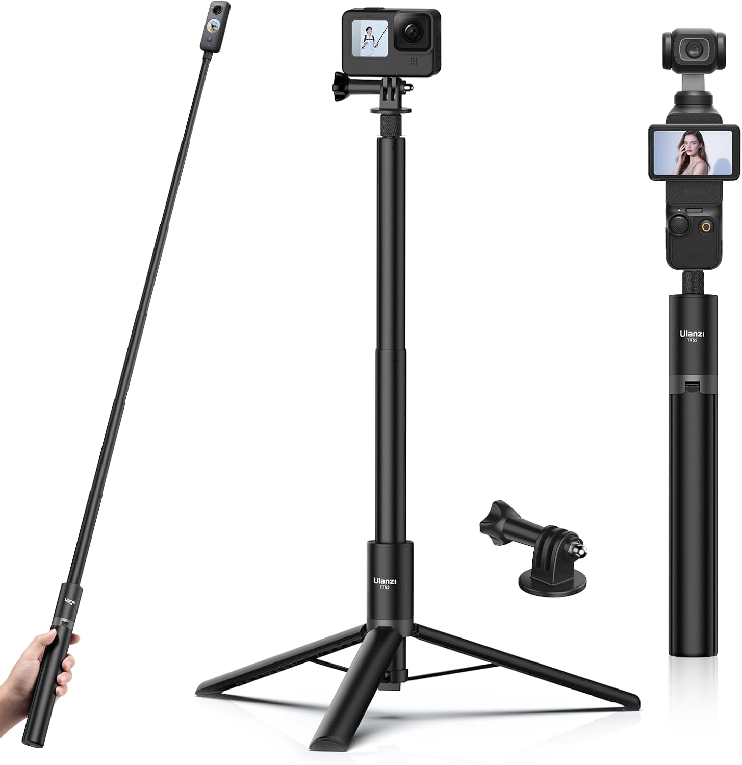 59in Invisible Selfie Stick Tripod for Insta360 X5/X4/GO 3/X3/ONE RS/ONE X2/ONE X/GO 2/ONE R/ONE, ULANZI TT52 Extension Pole Adjustable Waterproof Handle Grip for GoPro for DJI Osmo Pocket 3 Tripod