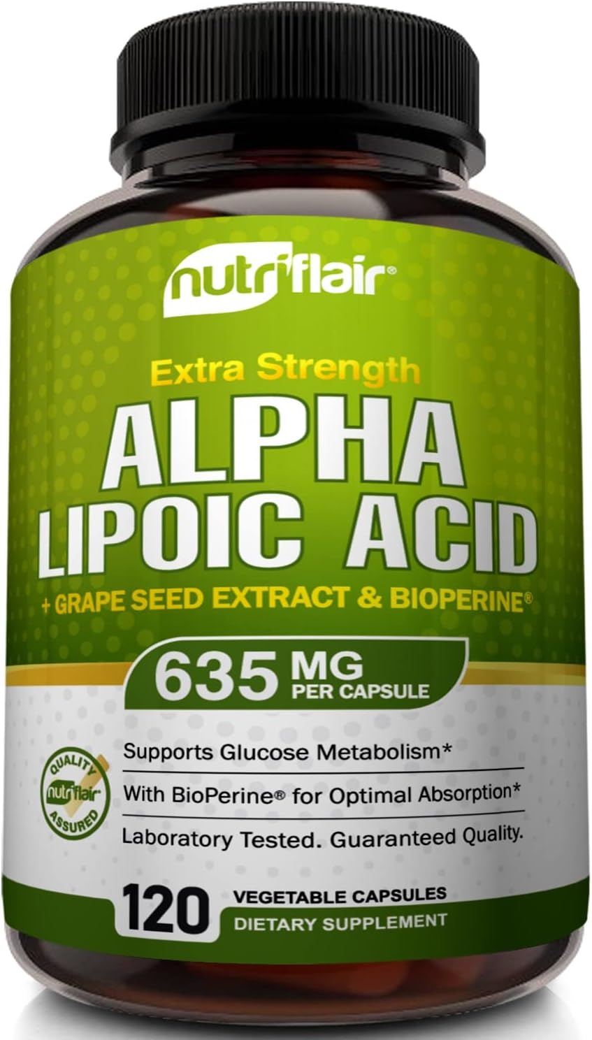 NutriFlair Alpha Lipoic Acid 600mg, 120 Capsules - with Grape Seed Extract and BioPerine Black Pepper - Extra Strength