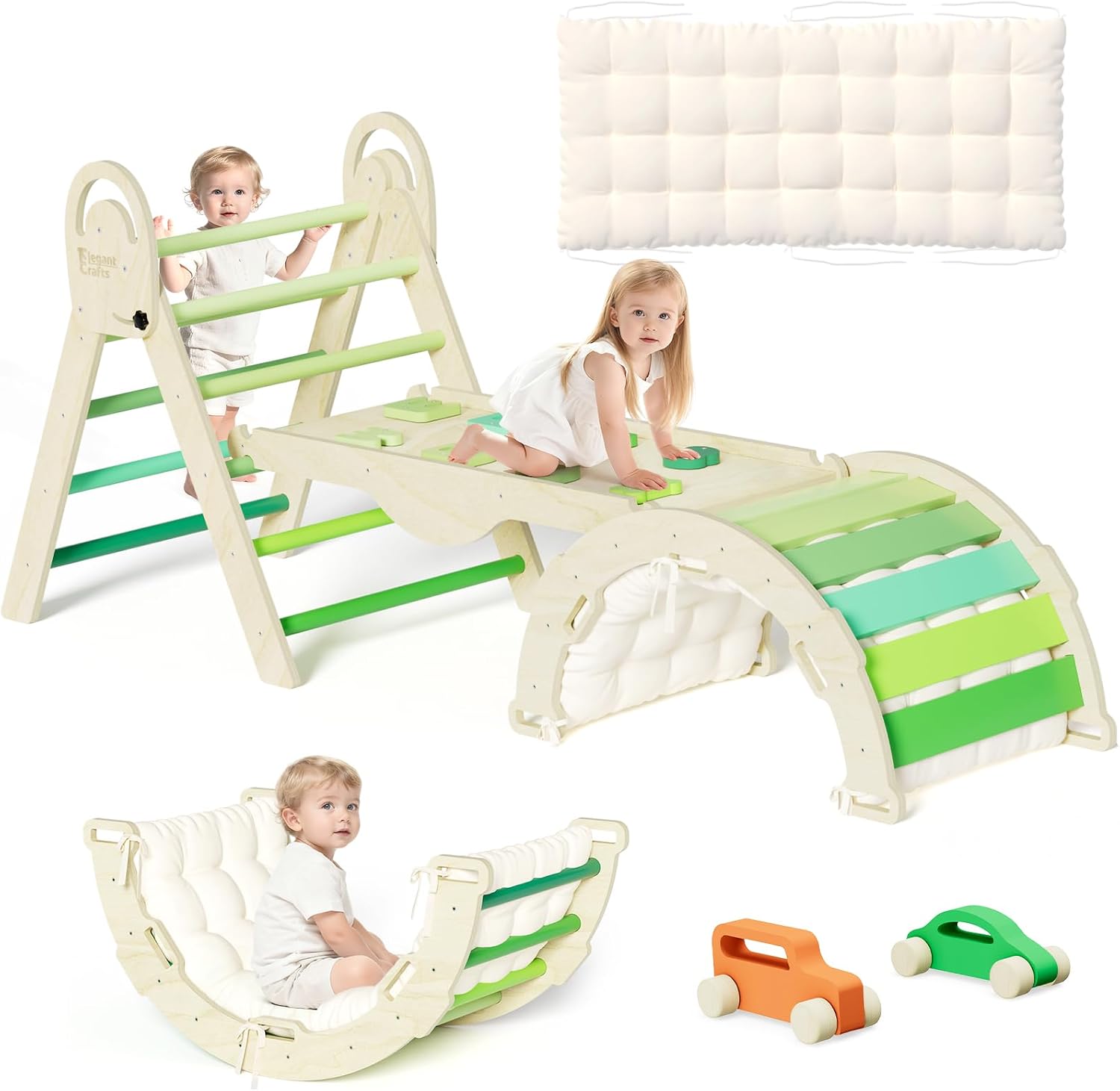 ElegantCrafts Pikler Triangle Set with Cushion, Montessori Climbing Set, Indoor Climb Toys, Indoor Playground Jungle Gyms, 9 Combinations Climbing Toy Set for Toddler, Baby, Kids 1-4