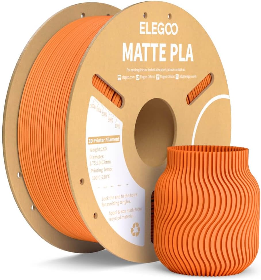 ELEGOO Matte PLA Filament Orange 1KG, 1.75mm 3D Printer Filament Dimensional Accuracy +/- 0.02mm, 1kg Carboard Spool (2.2lbs) Fits for Most FDM 3D Printers