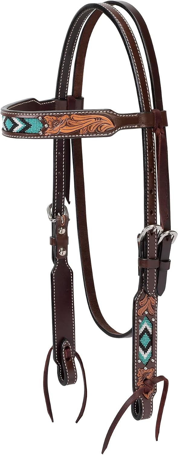 Weaver Leather Turquoise Diamond Beaded Horse Headstall, Leather Headstalls for Horses for Trail Riding, Durable Equine Supplies, Dark Oil