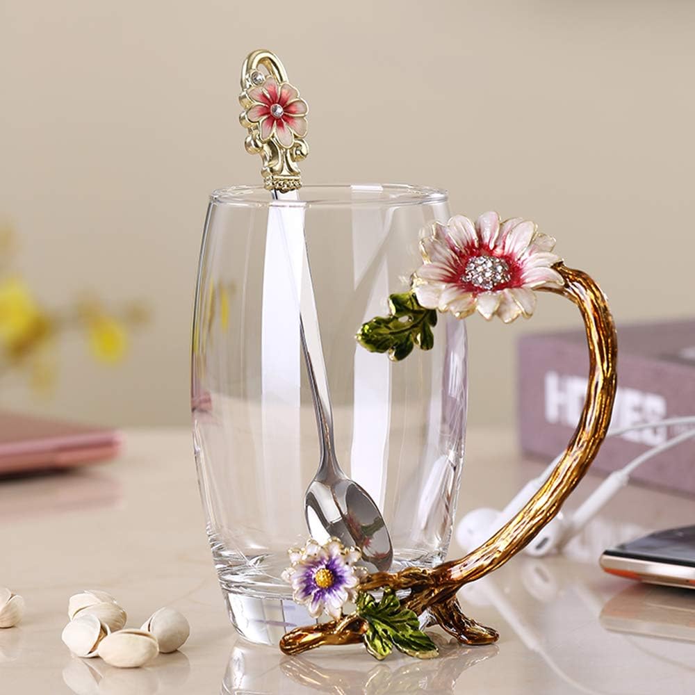 Enamels sunflower Lead-free Glass Coffee Mugs Tea Cup with Steel Spoon, Flower Tea Cup Gifts for Her Mum Teacher Friend Handmade Glass Coffee Mugs Valentines Christmas Birthday Mothers Day (tall)