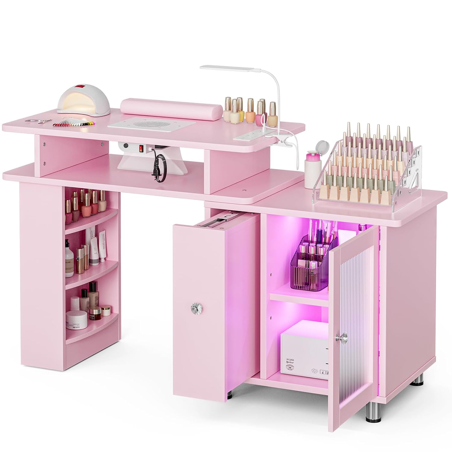 Manicure Table Nail Desk with LED Lamp & Light, Glass Cabinet Door Nail Table Station w/Dust Collector, Charging Station, Removable Acrylic Container, Cabinet and Drawer(Pink-New)