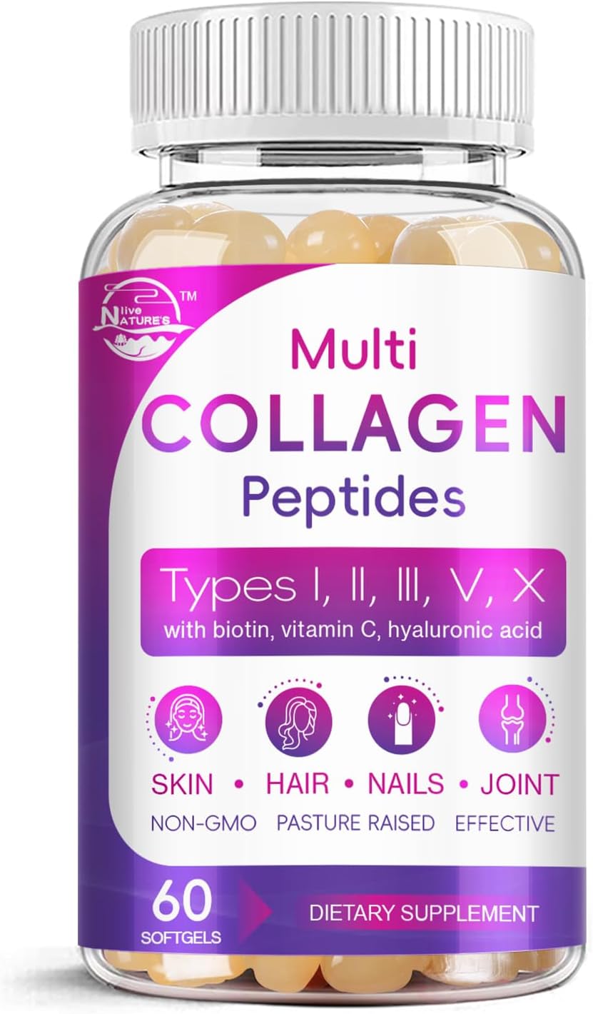 Multi Collagen Peptides Softgel - Type I, II, III, V, X - Hydrolyzed Collagen Peptides with Biotin, Vitamin C, Hyaluronic Acid, Supports Skin Hair Nail & Joint, Grass-Fed, Non-GMO, 60 Softgel, 1 Pack