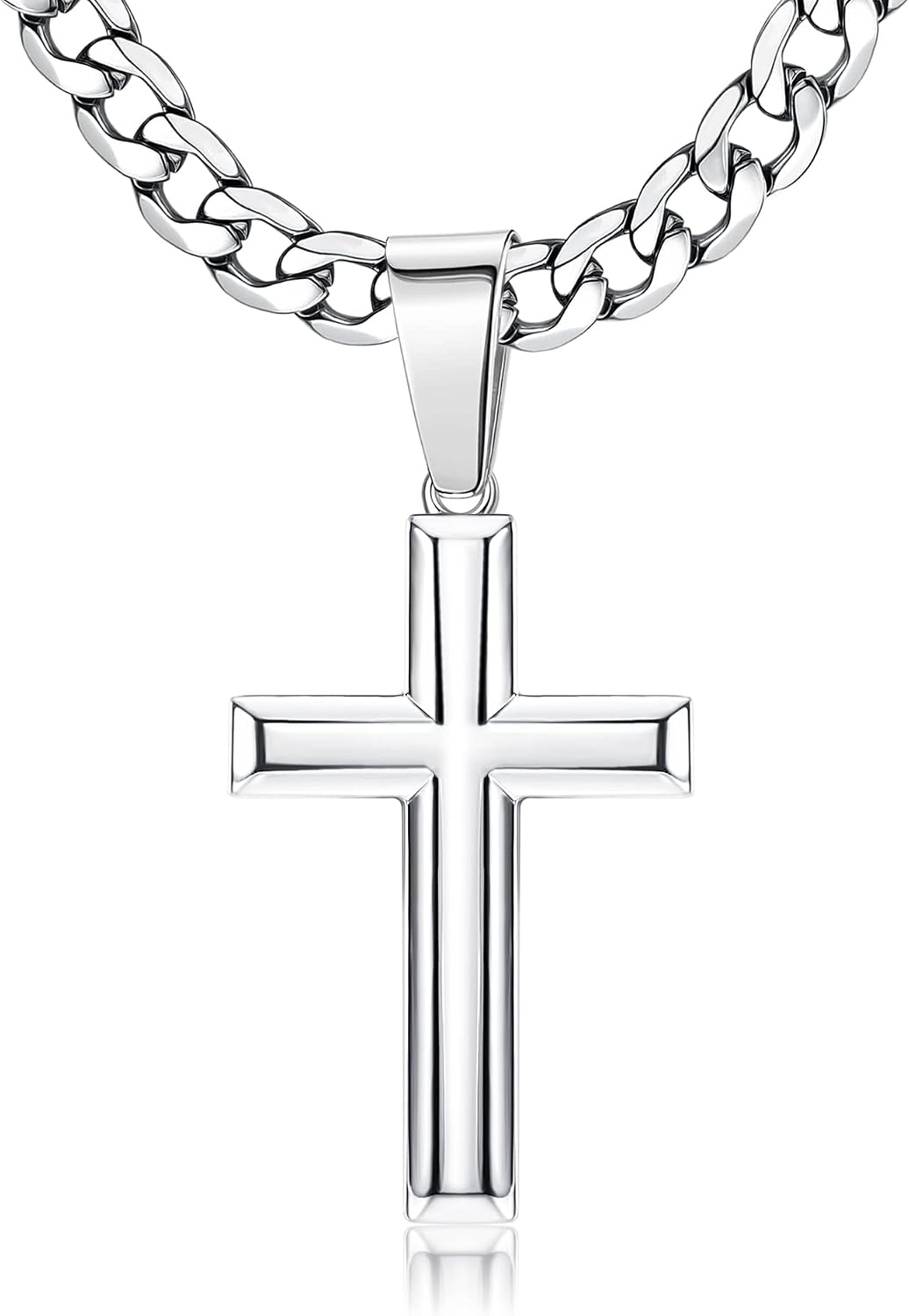 Chriscoco 925 Sterling Silver Cross Pendant Necklace with Stainless Steel Diamond-Cut Figaro Chain Delicate Highly Polished Beveled Edge Cross Pendant Necklace for Men Women