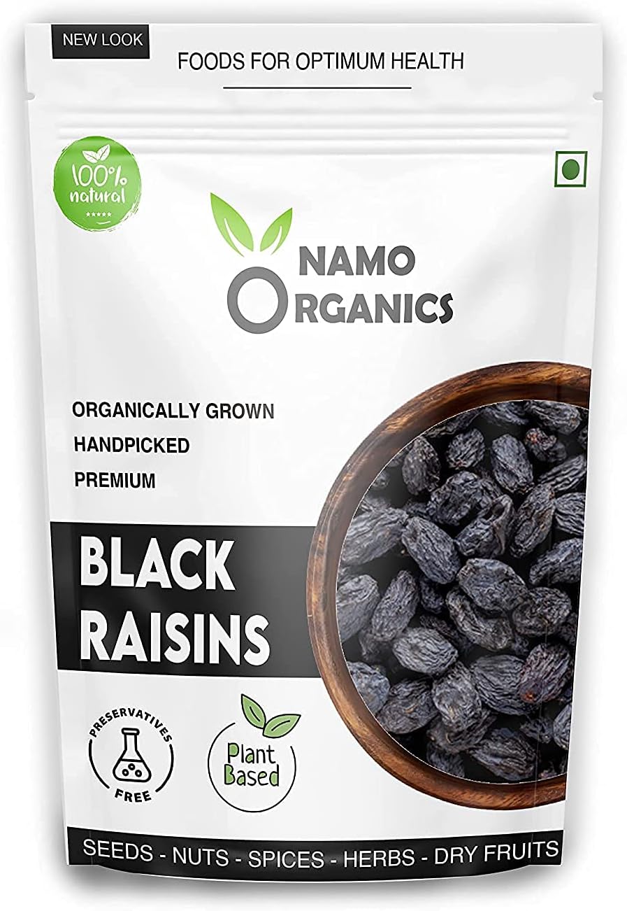 Indian Natural Grocery Nam Organics - Afghani Black Raisins Seedless ( Kali Kishmish / kismis without seeds ) - 500 Gm Pouch - Black Resin grapes Dry Fruis