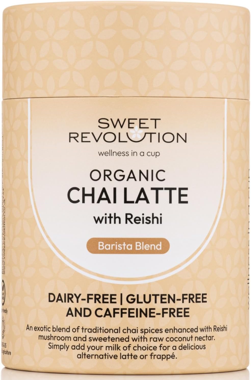 Sweet Revolution Organic Chai Latte with Reishi Barista Blend (1 x 100g) tub. Caffeine Free, Gluten Free, Dairy Free, Refined Sugar-Free.