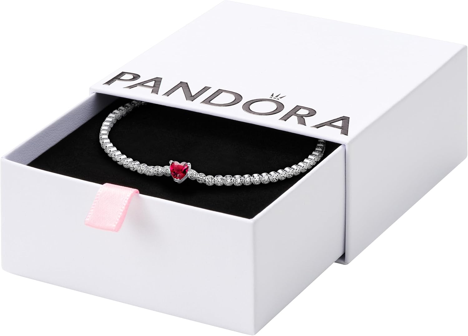 PANDORA Red Sparkling Heart Tennis Bracelet - Gift for Her - Sterling Silver with Man-Made Crystal - With Gift Box