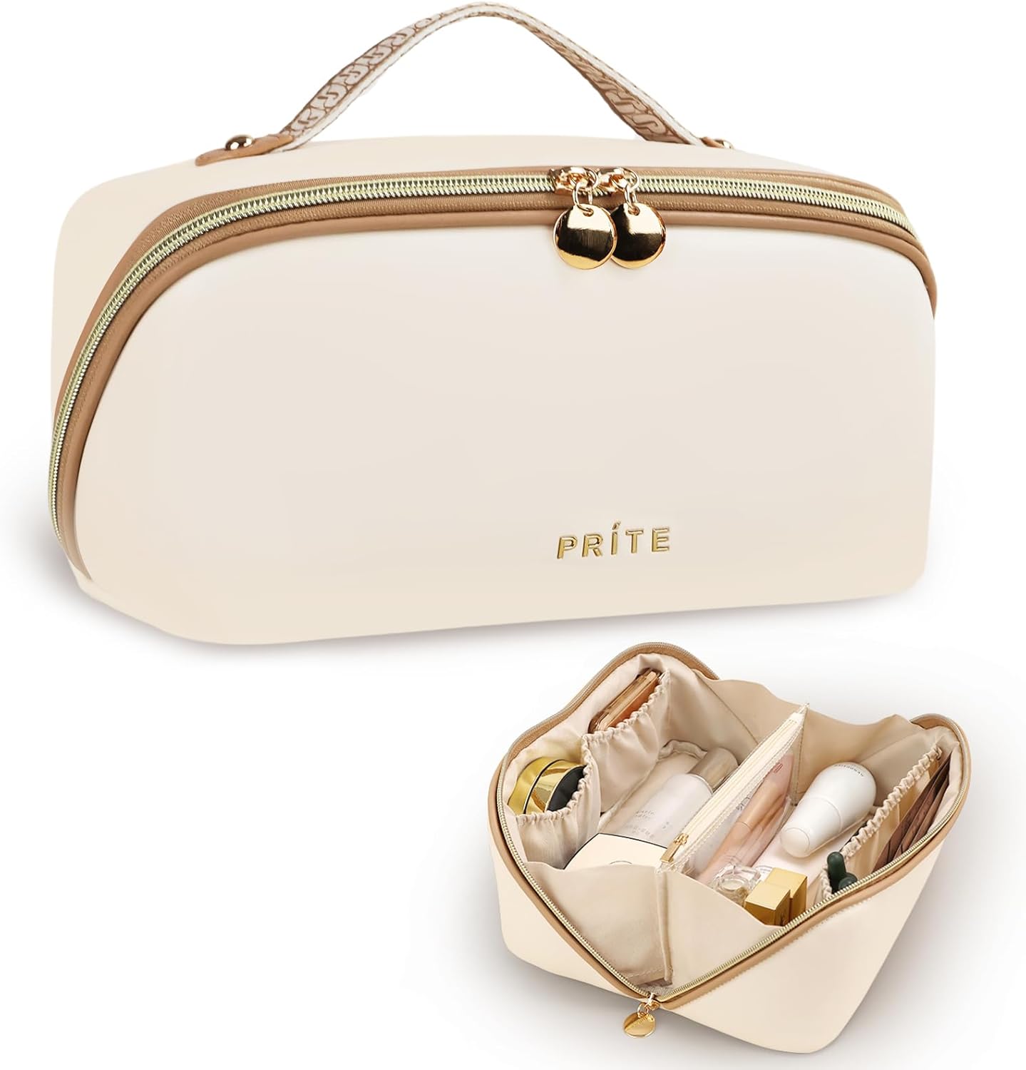 Prite Large Capacity Makeup Bag Portable Travel Cosmetic Bag Waterproof Toiletry Case with Clear Divider and Handle (Beige L)