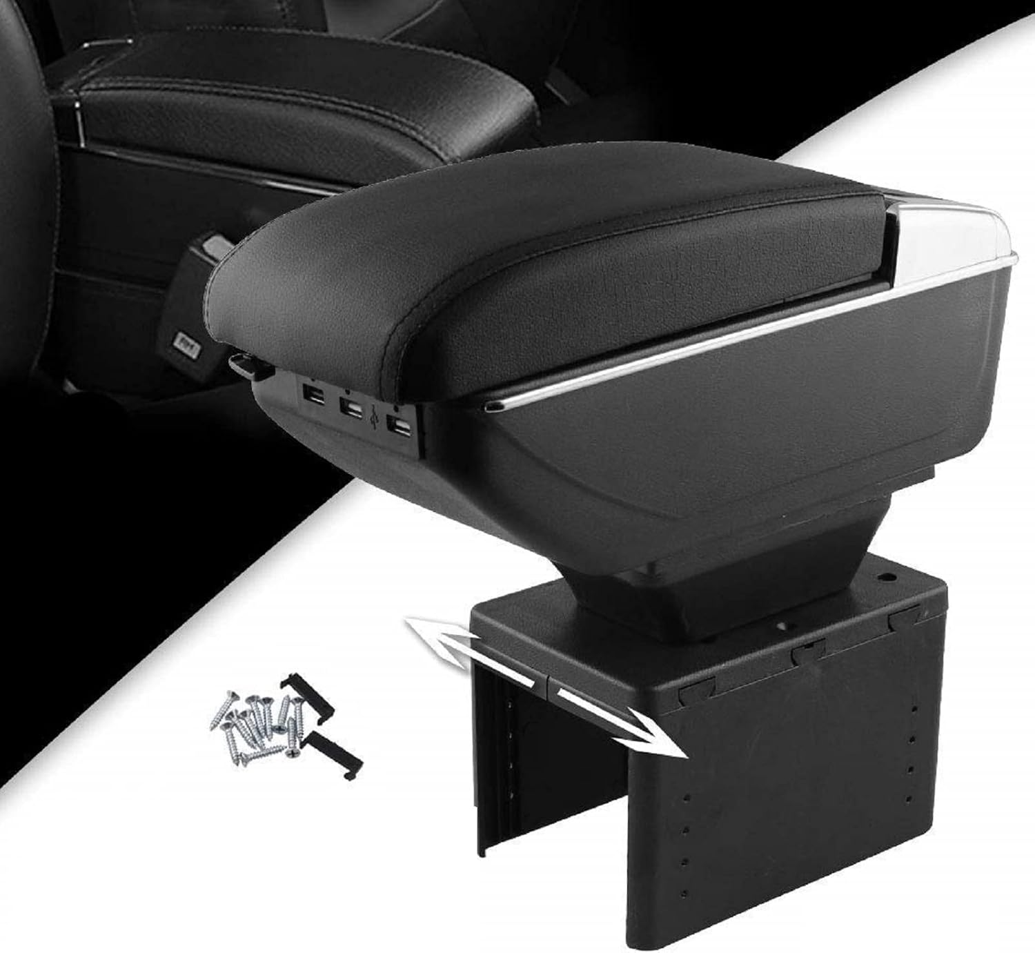 Armrest Box Double Layer Front Center Console Black Leather with Charging 7 USB Ports for Universal Car