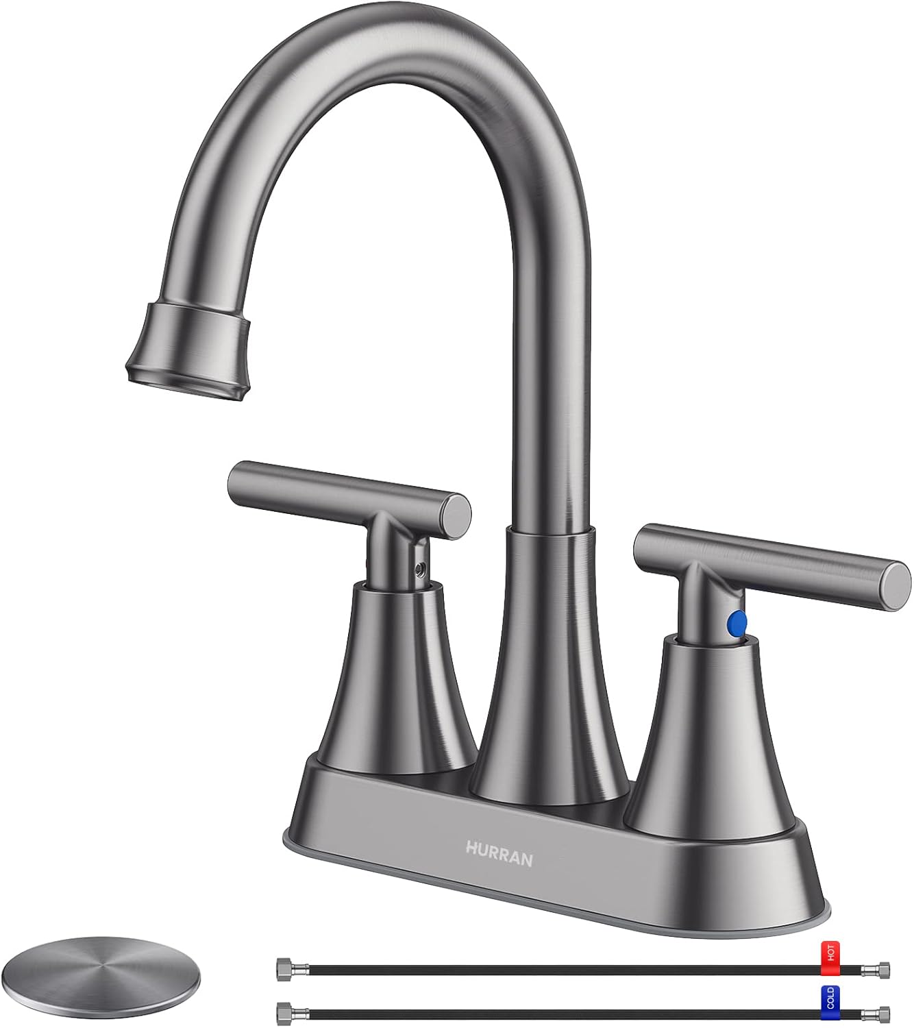 Bathroom Faucets for Sink 3 Hole, Hurran 4 inch Brushed Grey Bathroom Sink Faucet with Pop-up Drain and Supply Hoses, Stainless Steel Lead-Free Centerset Touch On Faucets for Vanity RV