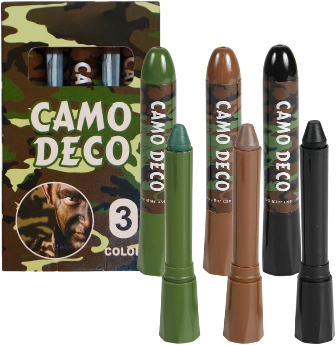3Pcs Camo Face Paint, Eye Face Body Camo Paint Stick,Face Mask Stick for Sports Hunting Cosplay Costume Party Makeup,Camouflage Hunting Paint Oil(Brown, Black, Green)