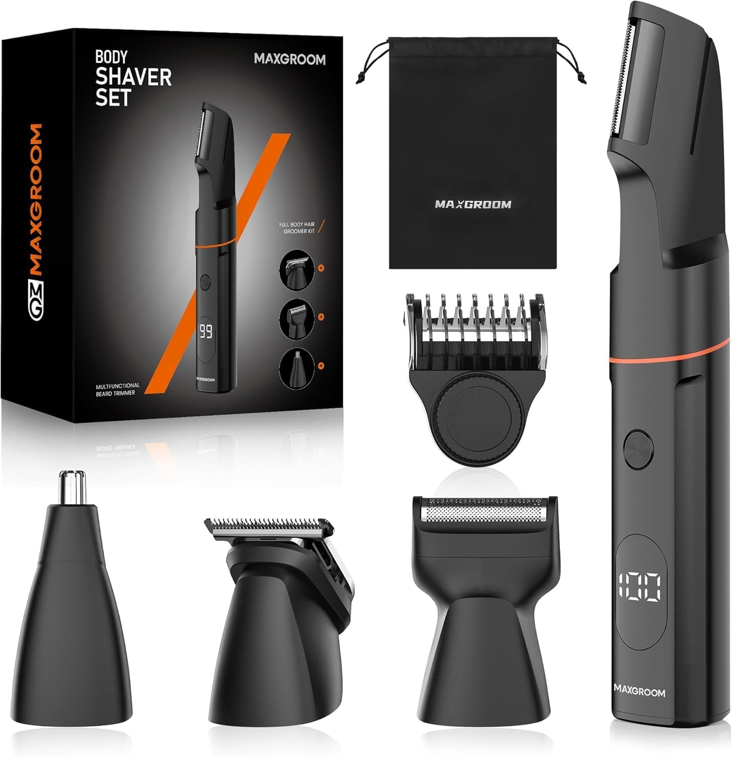 MAXGROOM Manscape 4 in 1 Body Hair Trimmer Men, Electric Razor for Pubic Hair,Ball Shaver with LED Display, IPX6 Waterproof Body Shaver for Mens Grooming, Type-C USB
