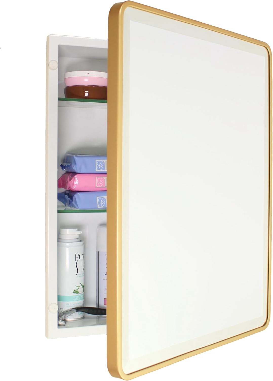16x20 Austin Farmhouse Metal Framed Rounded Rectangle Recessed Bathroom Medicine Cabinet, Beveled Mirror, 14x18 in-Wall Opening, powder-coated Steel, Adjustable Glass Shelves, Magnet Close, Gold