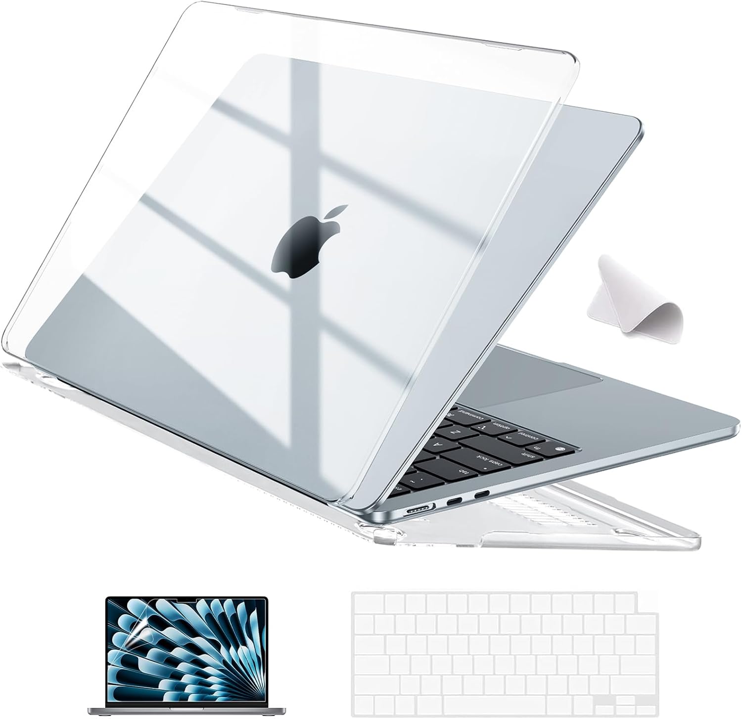 EooCoo Case Compatible with MacBook Air 13.6 inch M4 2025 2024-2022 M3 M2 A3240 A3113 A2681, Hard Shell Case + Keyboard Cover + Polishing Cloth + Screen Protector for Mac Air 13 - Crystal Clear