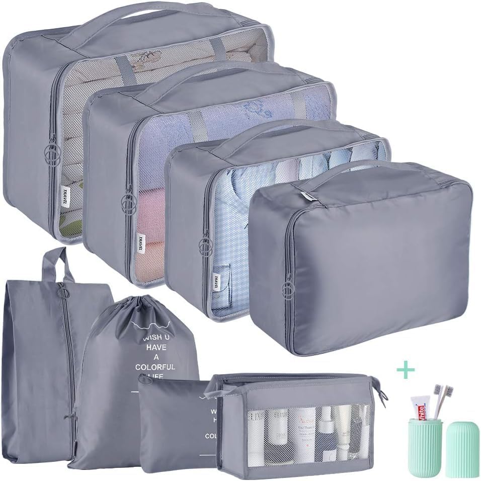 Packing Cubes for Suitcase,Geediar 9 PCS Travel Luggage Packing Organizers Waterproof Travel Essentials Bag Clothes Shoes Cosmetics Toiletries Storage Bags(a-Grey)