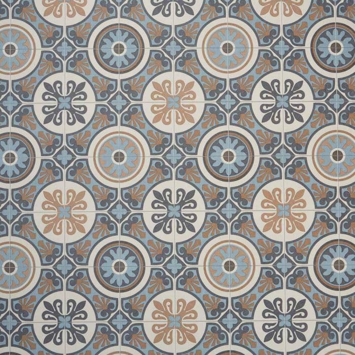 Moroccan Tile Design Cushion Vinyl Flooring Sheet Brown Grey & Blue Patterned Non Slip Lino Conservatory Kitchen Bathroom Floor (Tangier 05, 2.5m x 2m)