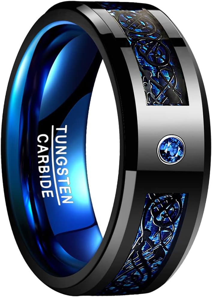 NUNCAD 6mm Blue Black Celtic Dragon Tungsten Rings Engraved I Love You Wedding Band for Men Women Blue Zircon and Carbon Fiber Inlay Comfort Fit Size O-Z 1/2