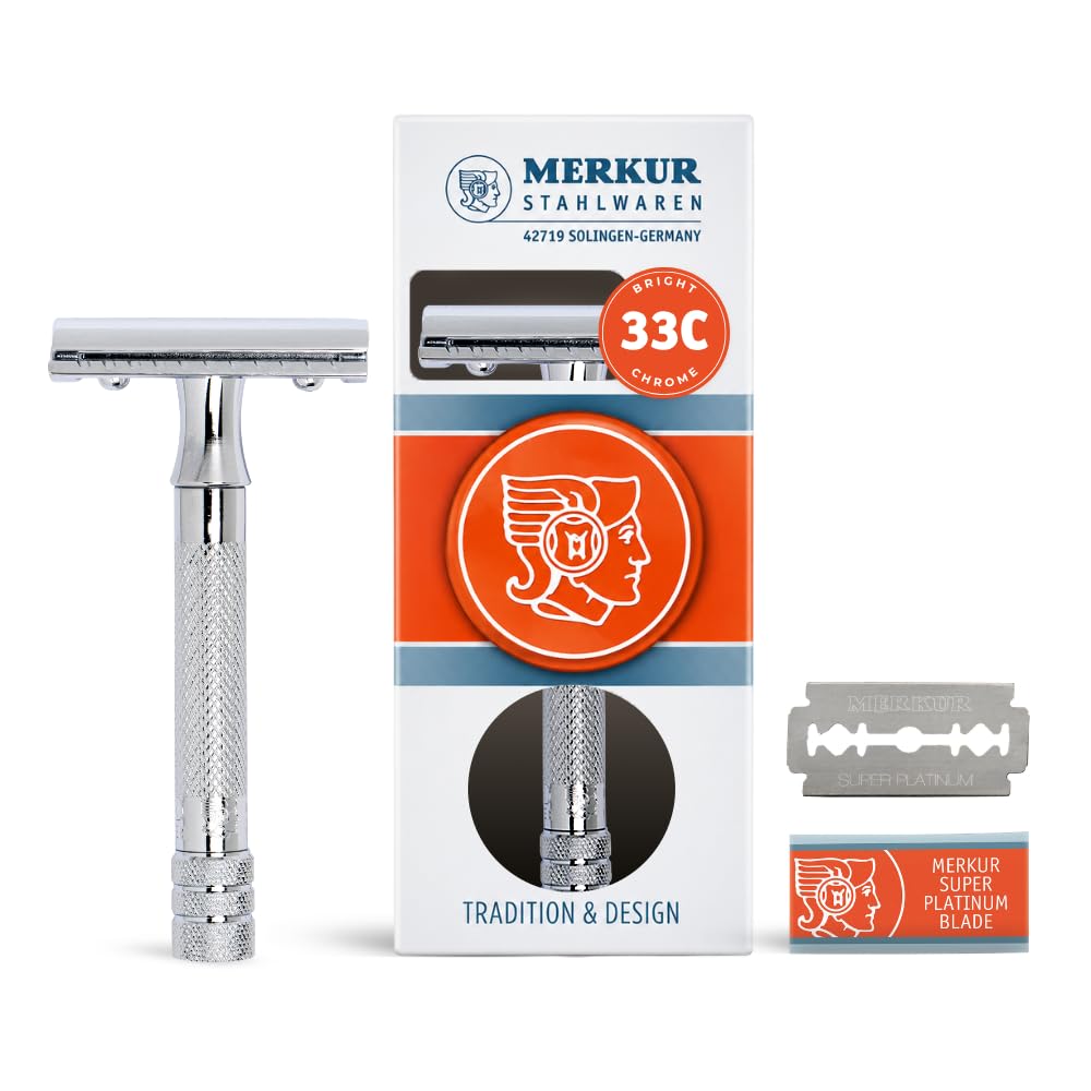 MERKUR 33C Double Edge Safety Razor, Three-Piece Design, Closed Comb, Short Handle, Bright Chrome Finish, Made in Germany