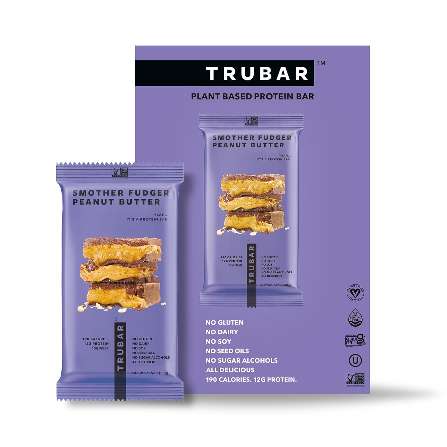 TRUBAR Vegan Protein Bar, Smother Fudger Peanut Butter, Gluten Free, Plant Based, High Fiber, Dairy Free, Low Fat, No Sugar Alcohols, 12G Lean Protein, 13G Fiber, Healthy Snack Bars, 12 CT