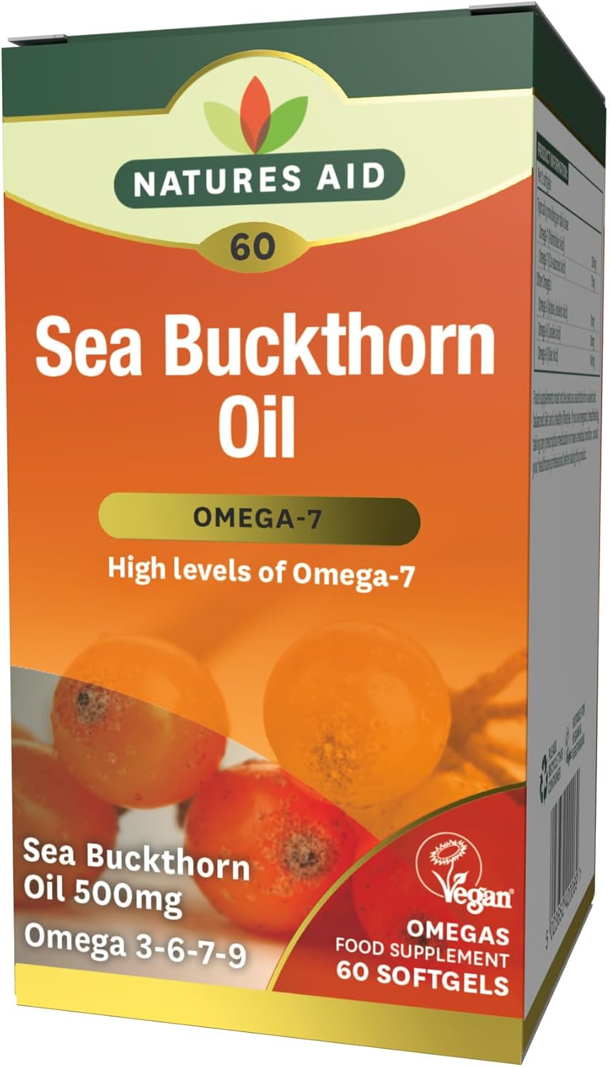 Natures Aid Sea Buckthorn Oil 500mg – Omega-7 High Strength – Supports Skin, Immune & Heart Health – Antioxidant Vegan Supplement – Non-GMO, Gluten-Free – 60 Softgels