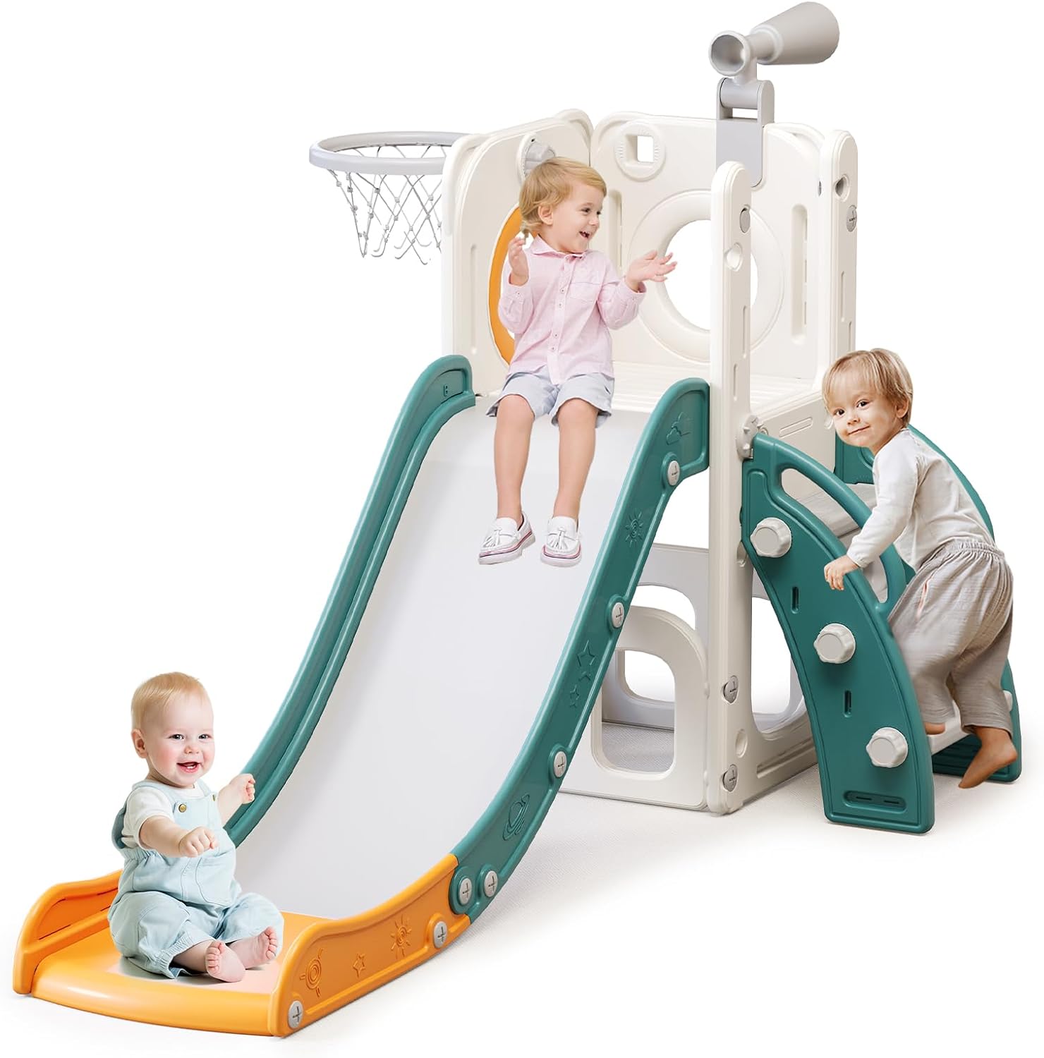 6 in 1 Toddler Slide for Toddlers Age 1-3, Extra-Long Slide with Basketball Hoop Indoor and Outdoor Baby Climber Playset Playground Freestanding Slide (White+Orange)