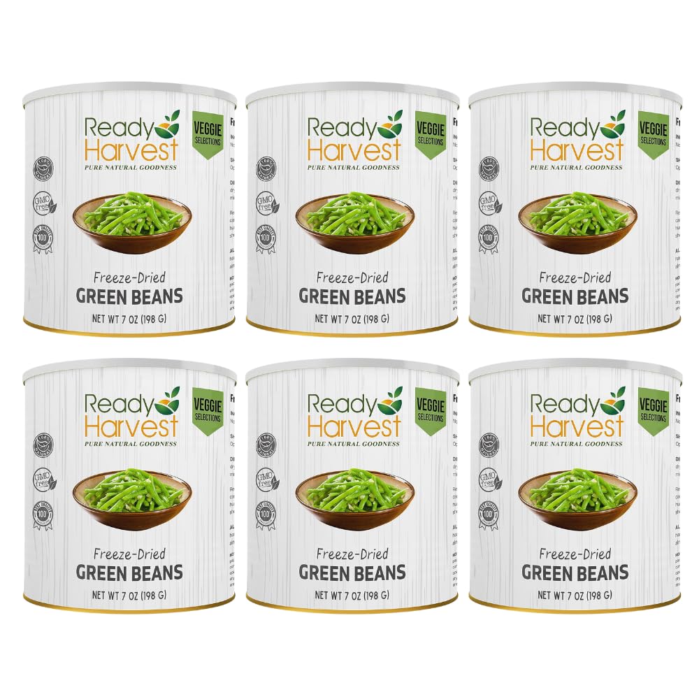 Ready Harvest Freeze-Dried Food Green Beans for Emergency Supply | Survival Emergency Supplies | Camping Canned Vegetables #10 Can | 25-Year Shelf Life | 6 Cans