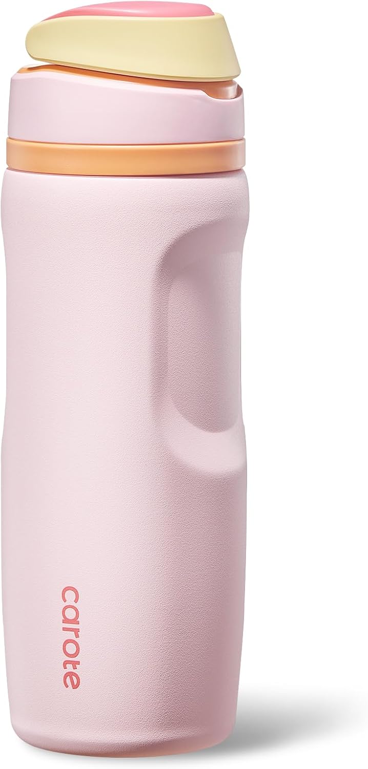 CAROTE Sip Free Insulated Stainless Steel Water Bottle with Straw, BPA-Free Sports Water Bottle, Great for Travel, Sunshine Coast Handle Tumbler, 26 Oz, Pink Peach