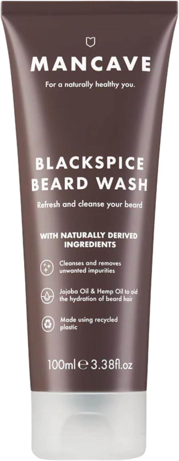 ManCave Blackspice Beard Wash, Refreshes and Cleanses Beard and Underneath Skin, With Jojoba Oil and Hemp Oil, Combat Beard Itch and Flakiness, Vegan Friendly, Made in the UK, 100 ml