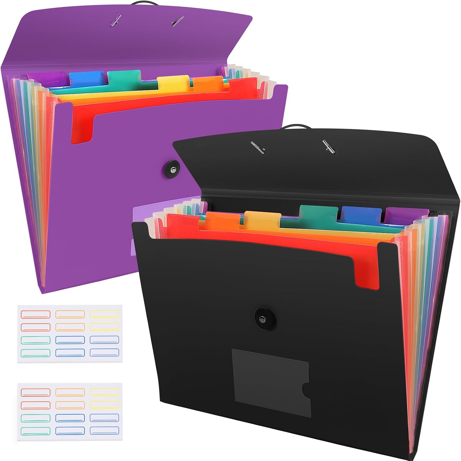 7 Pocket Accordian File Folders, Expanding File Folder A4 Letter Size Paper Portable Document Organizer - Black and Purple