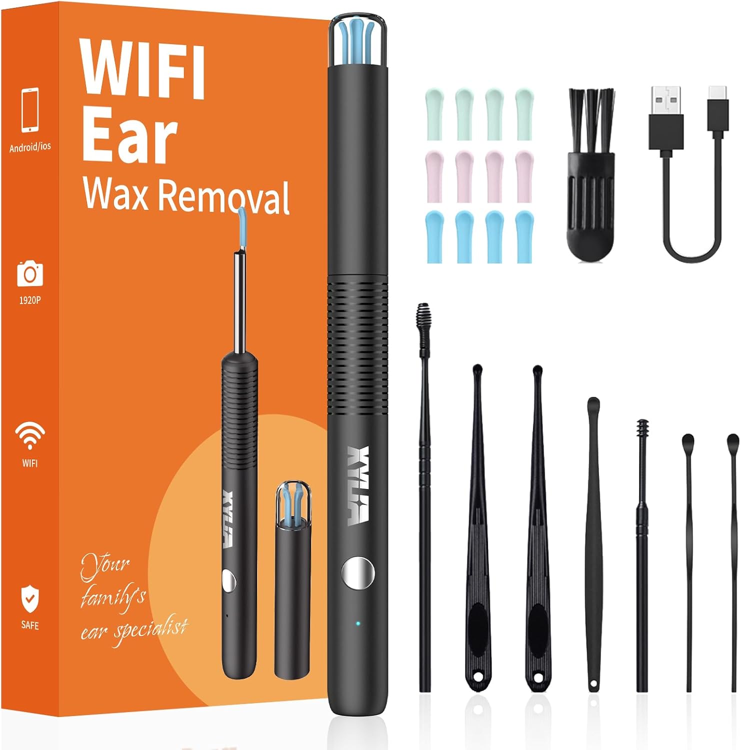 Xylla Ear Wax Removal Kit with 1920P HD Camera Wireless Otoscope Earwax Cleaner with 12 PCS Ear Spoons & 6 LED Lights Earwax Remover Tool Portable Type-C Rechargeable for iPhone iPad Android (Black)