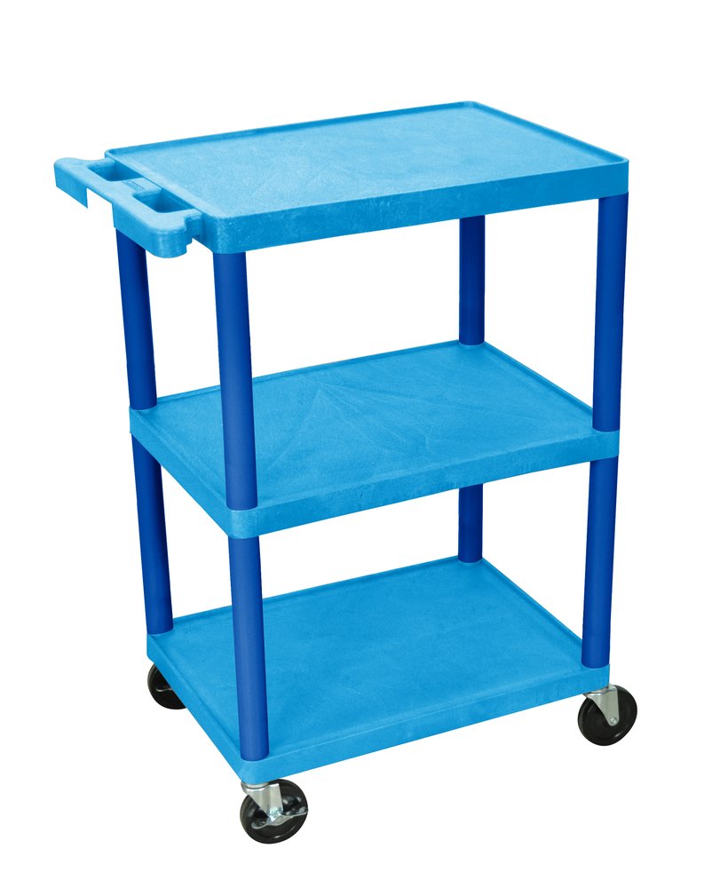 LUXOR BUSTC222BU Multipurpose Utility Cart with Three Flat Shelves, Ergonomic Push Handle, 300 lbs. Capacity, Blue