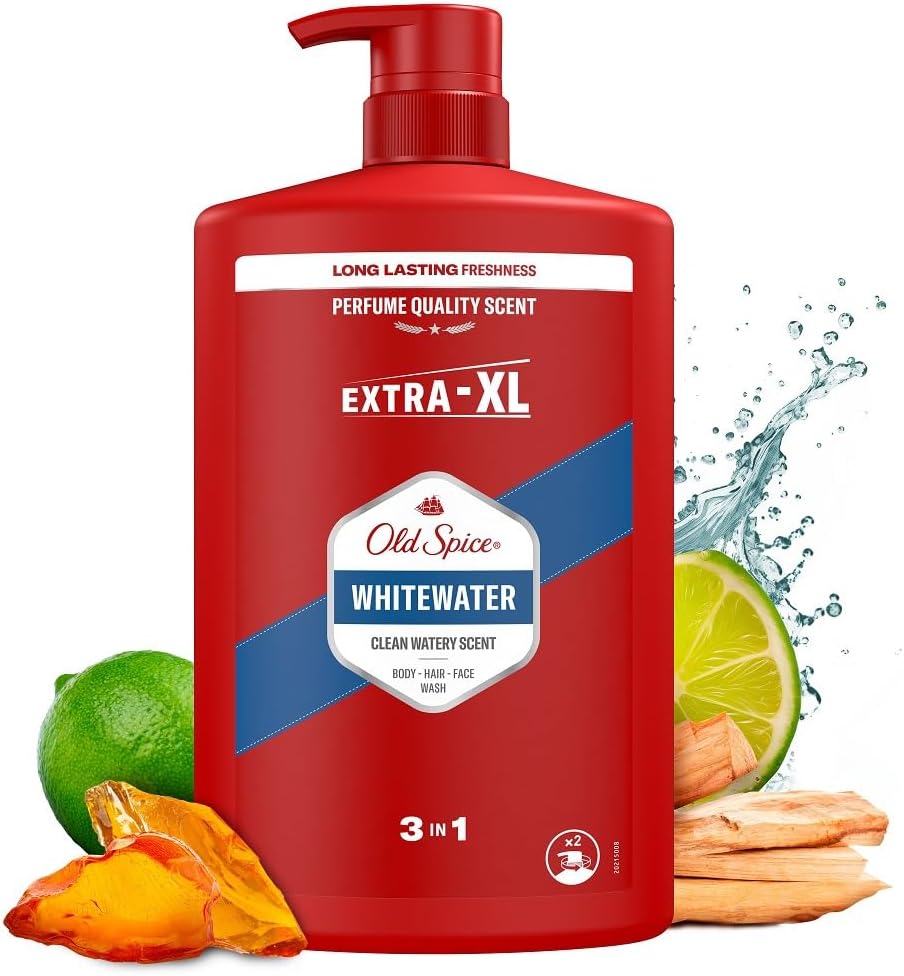 Old Spice Whitewater Men’s Shower Gel & Shampoo 1000ml, Multi-Use 3-in-1 Body-Hair-Face Wash, Long Lasting Freshness, Perfume Quality Scent, Deep Cleansing
