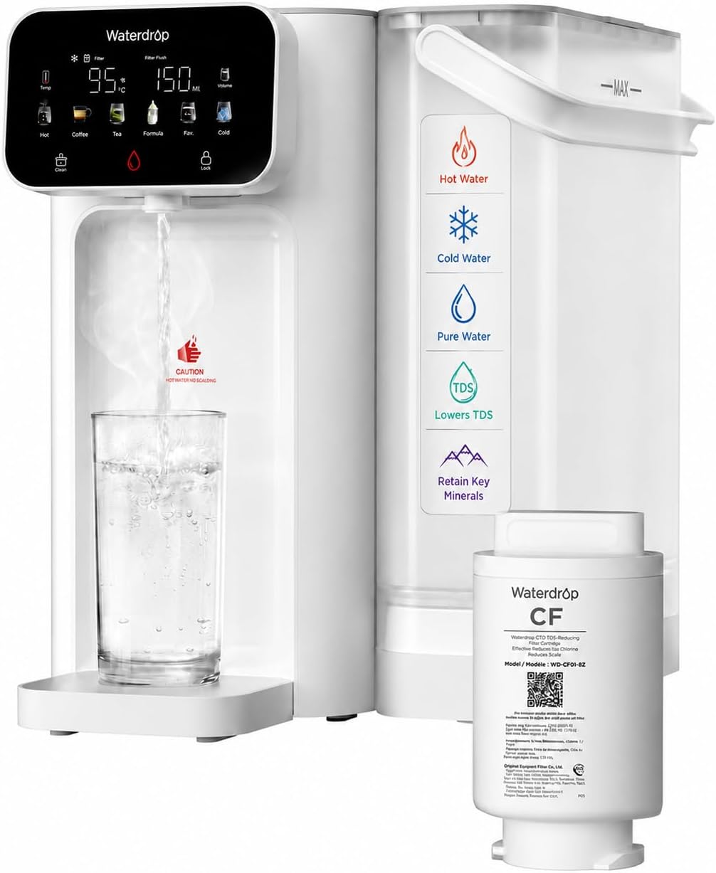 Waterdrop CT01 Instant Hot & Cold Water Filter Dispenser, Reduces TDS | Reduces Limescale, Chlorine, Retain Main Minerals, 8-Stage Filtration, UV Sterilization, Various Temp and Cup-size Presets