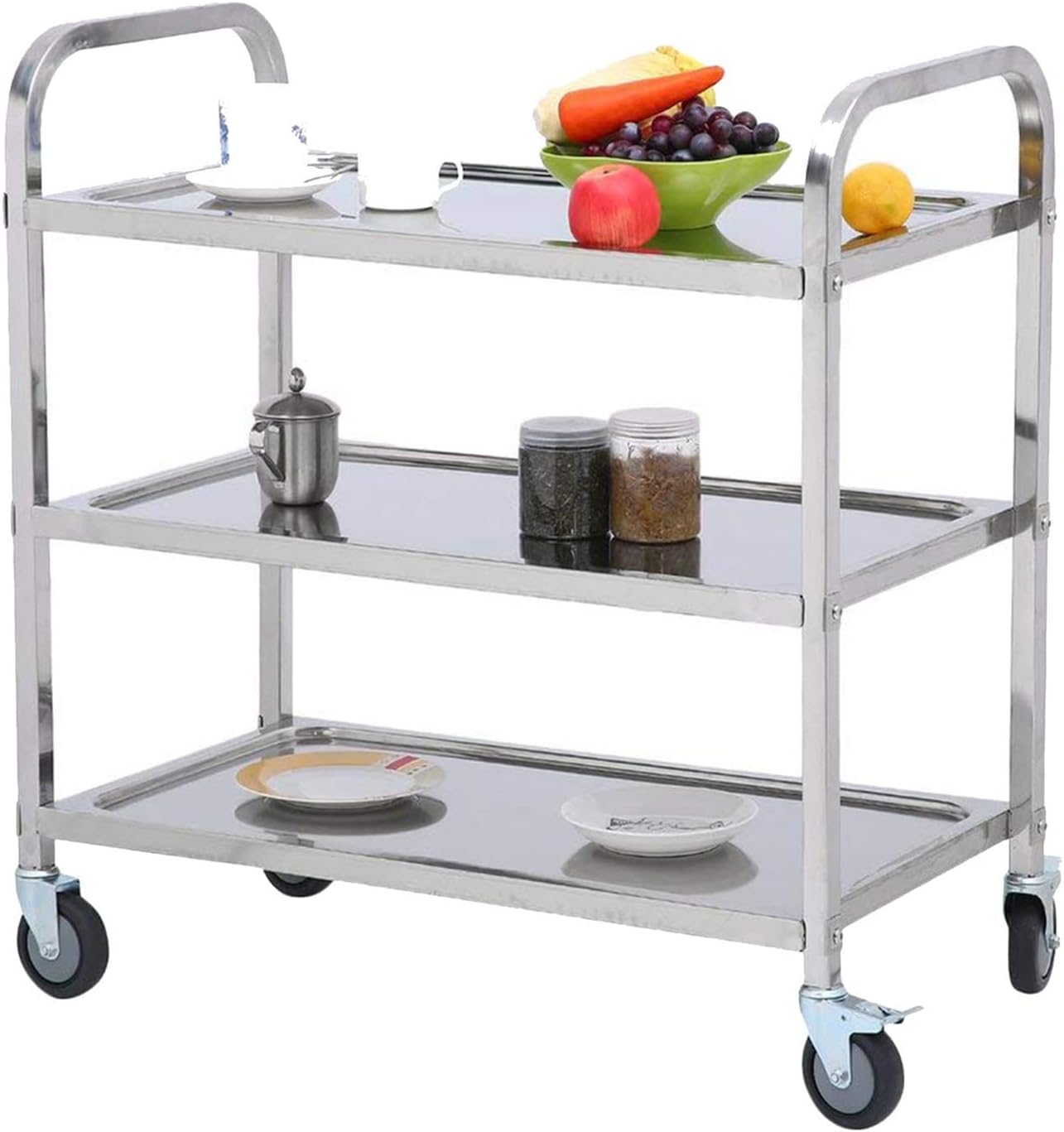 3-Tier Large Stainless Steel Rolling Utility Cart - Locking Wheels Kitchen Service & Catering Trolley for Restaurants, Hotels, and Food Storage - 95x50x95cm