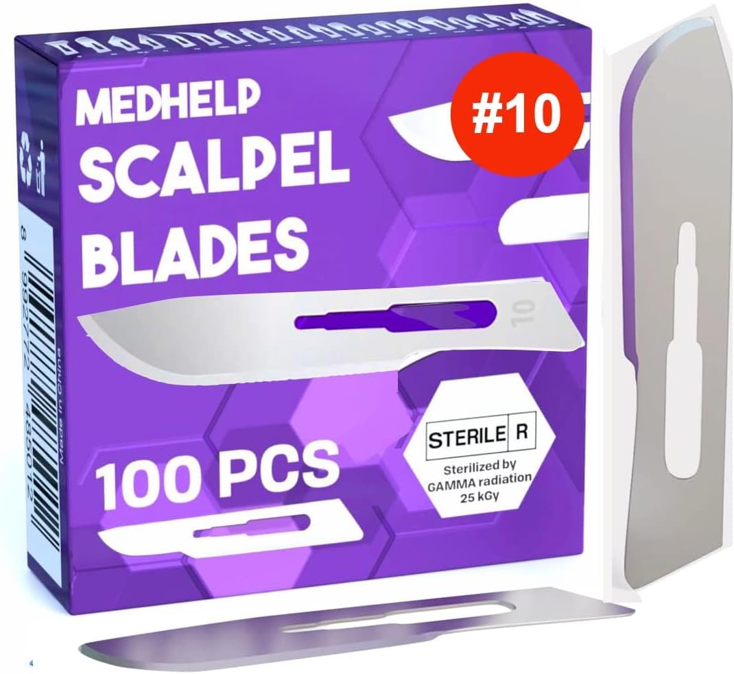 MedHelp Disposable Scalpel Blade #10 Pack of 100, Size 10 Surgical Blades, High Carbon Steel Dermaplane Blades. Individually Wrapped, Sterile