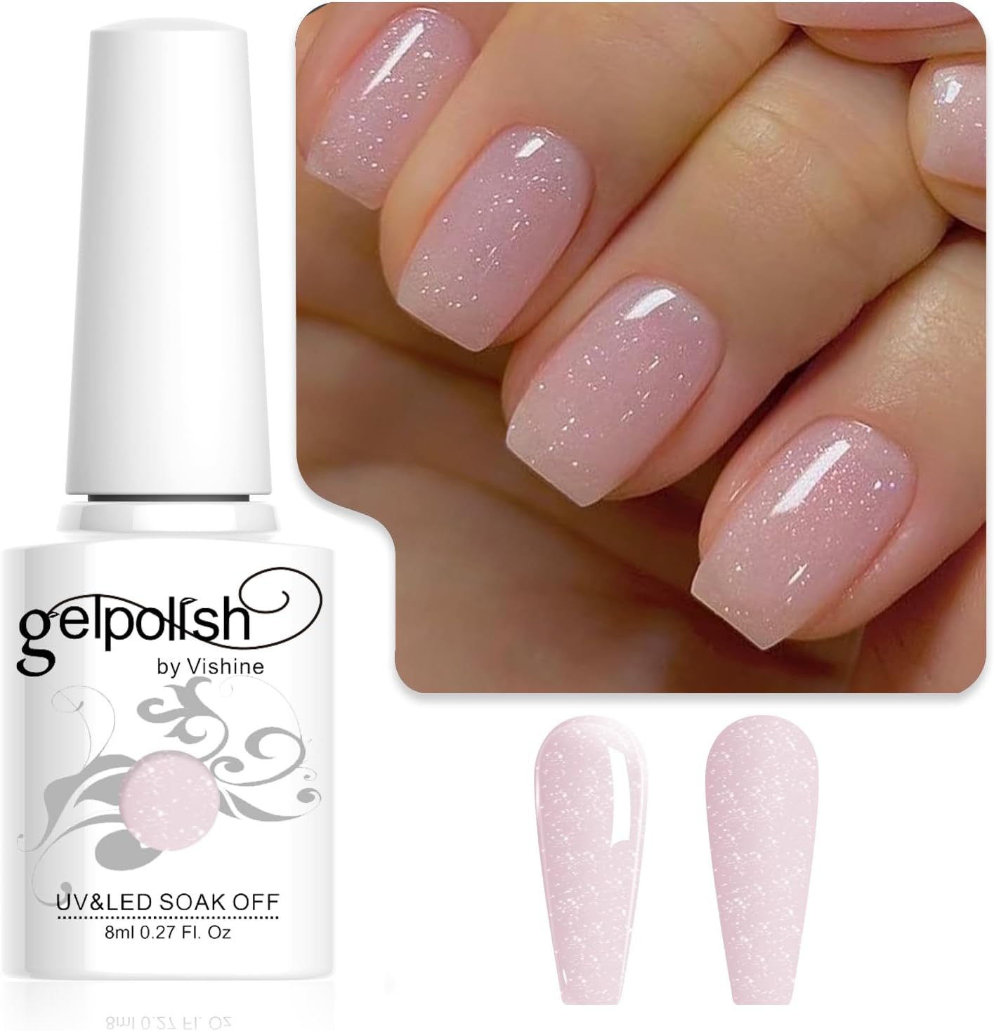 Vishine Glitter Nude Pink Gel Polish Iridescent Shimmer Jelly Neutral Color Skin Tone Clear Pink 8ml Sparkle Pink Natural Soak off UV LED Cured for Home Salon DIY Nail Art E030