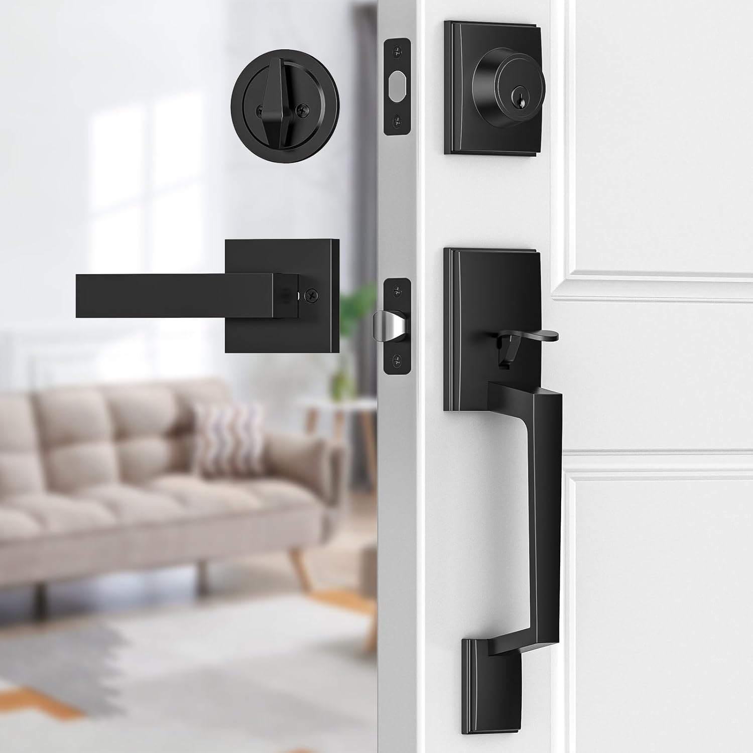 Brightify Black Front Door Handle, Matte Black Exterior Door Handle with Door Lever, Modern Front Door Lock Set, Adjustable Deadbolt with Single Cylinder, Reversible for Right&Left