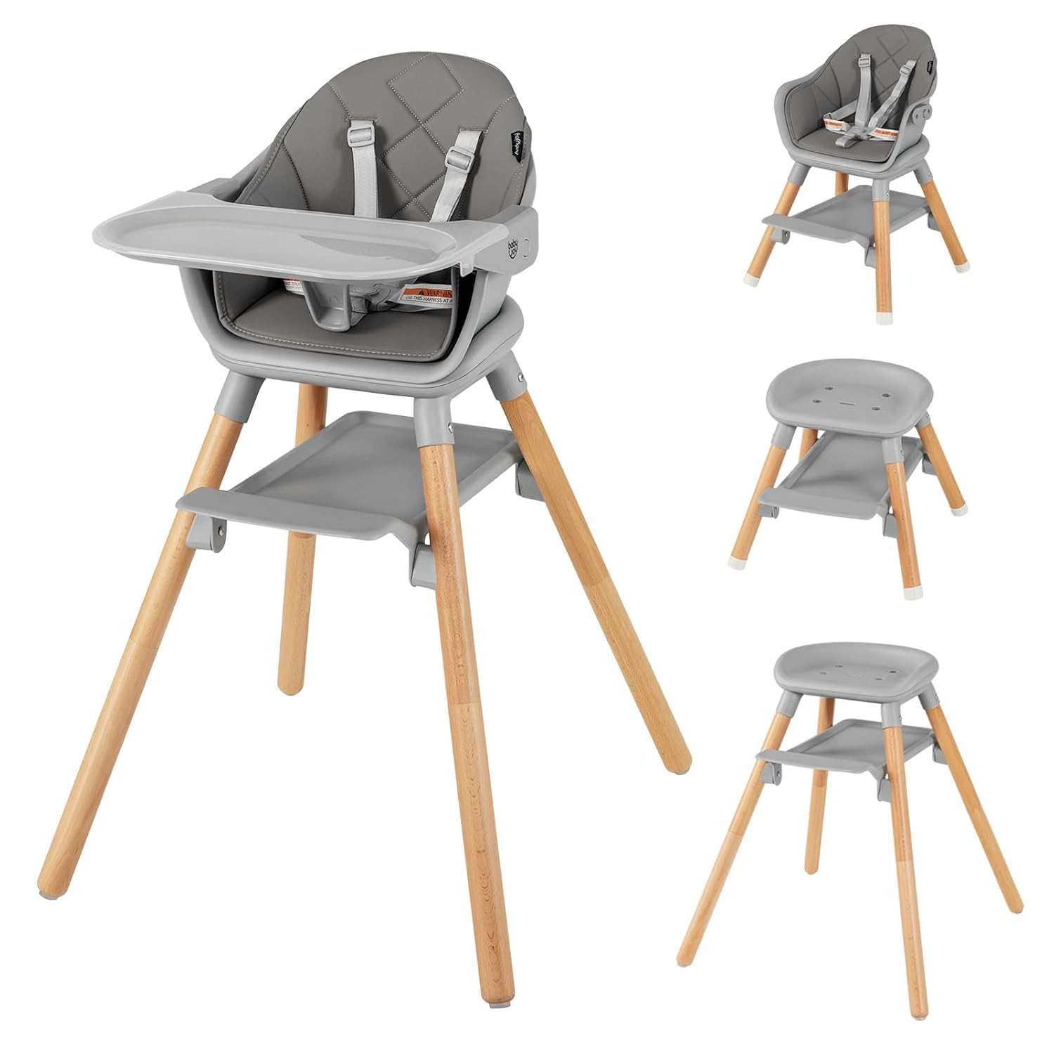 BABY JOY Baby High Chair, 6 in 1 Convertible Wooden Highchair for Babies & Toddlers with Adjustable Legs, Removable Double Tray, Safety Harness & Waterproof PU Cushion (Gray)
