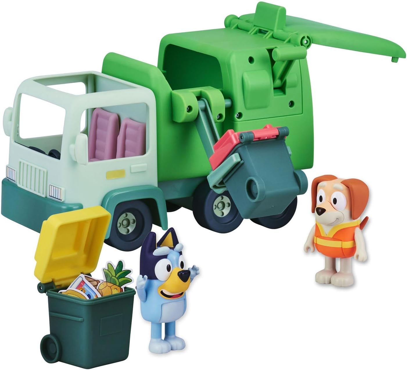 Bluey Garbage Truck Vehicle Playset With Two 2.5"-3" Official Collectable Character Action Figures With The Bin Man And 2 Rubbish Bin Accessories