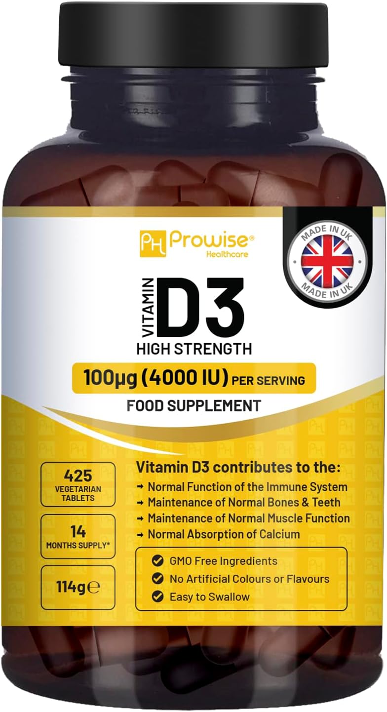Vitamin D3 4000 IU High Strength I 425 Vegetarian Tablets (14 Months Supply) I Easy Swallow Vitamin D3 Supplement for Immune Support, Calcium Boost, Bone & Muscle I Vitamin D Made in the UK by Prowise