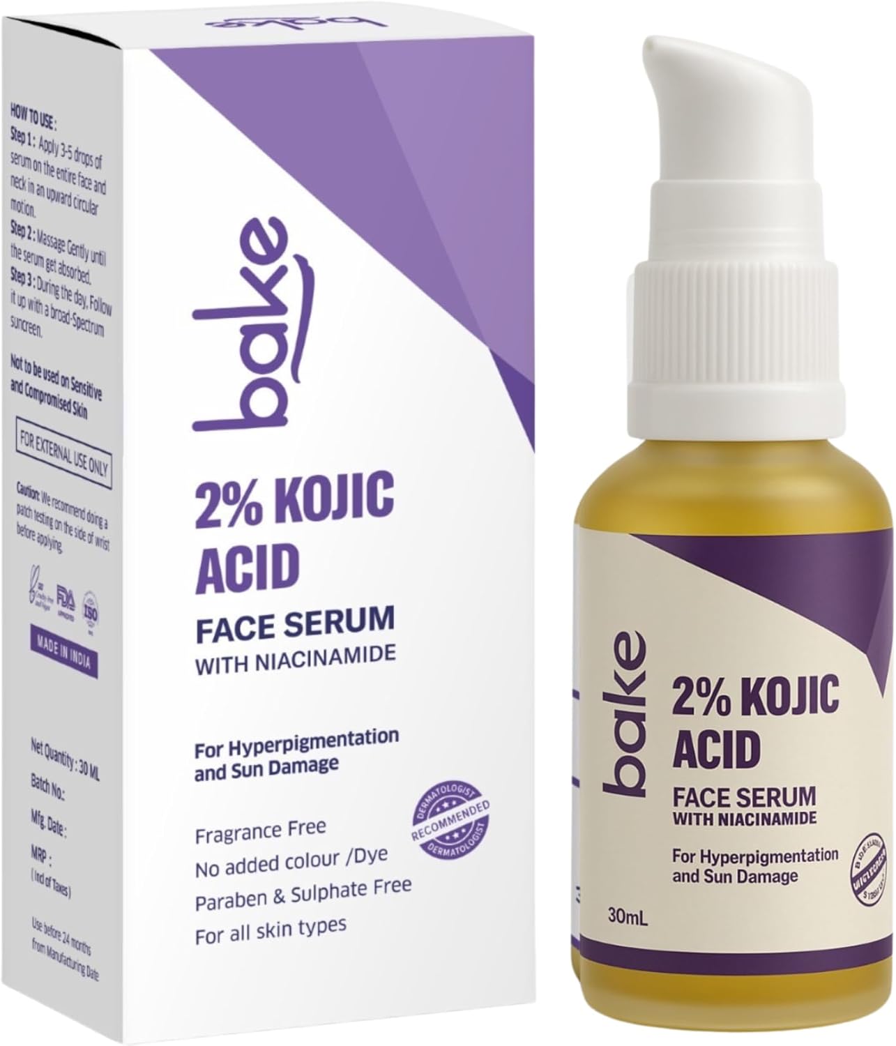 BAKE 2% Kojic Acid Face Serum With 5% Niacinamide & 2% Glycolic Acid For Pigmentation & Dark Spots | For Dark Circles, Tan Removal & Sun Damaged Skin | Skin Brightening & Glowing | 30Ml