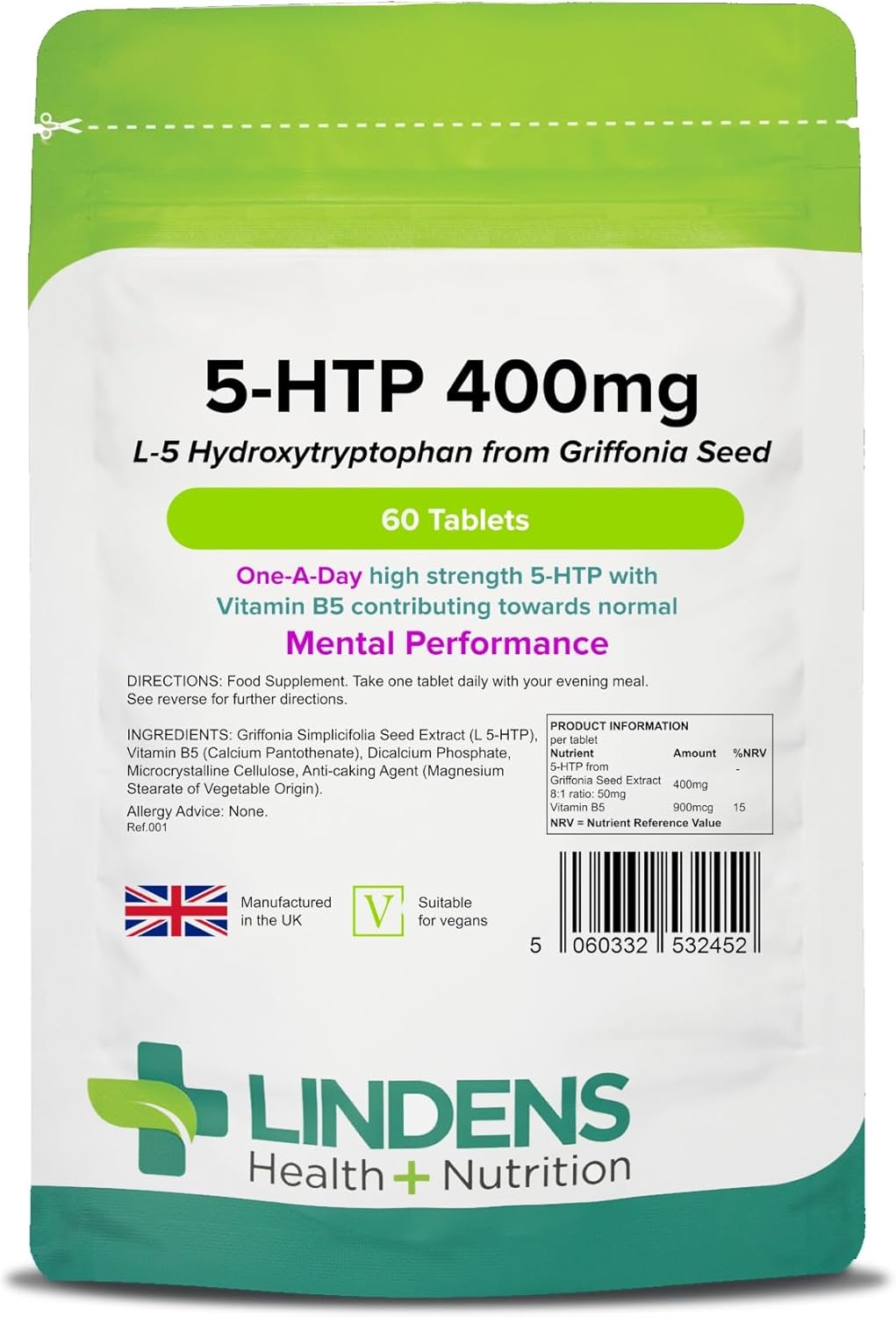 Lindens - 5 HTP 400mg, 60 Tablets - 1-A-Day, UK Made - 50mg Griffonia Simplicifolia Seed Extract 8:1, with Vitamin B5 - Mental Performance - Letterbox Friendly, Vegan