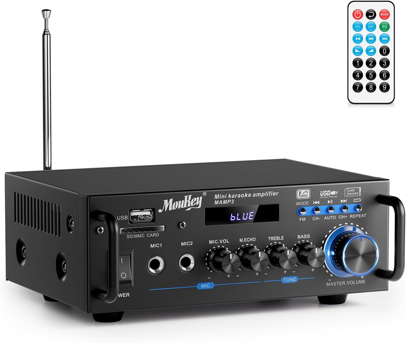 Stereo Bluetooth Karaoke Amplifier, Moukey 2.0 Channel 100W Audio Stereo Receiver, Power Audio Amplifier with RCA, USB, SD, 2 Mic Inputs, FM Radio, MAMP3