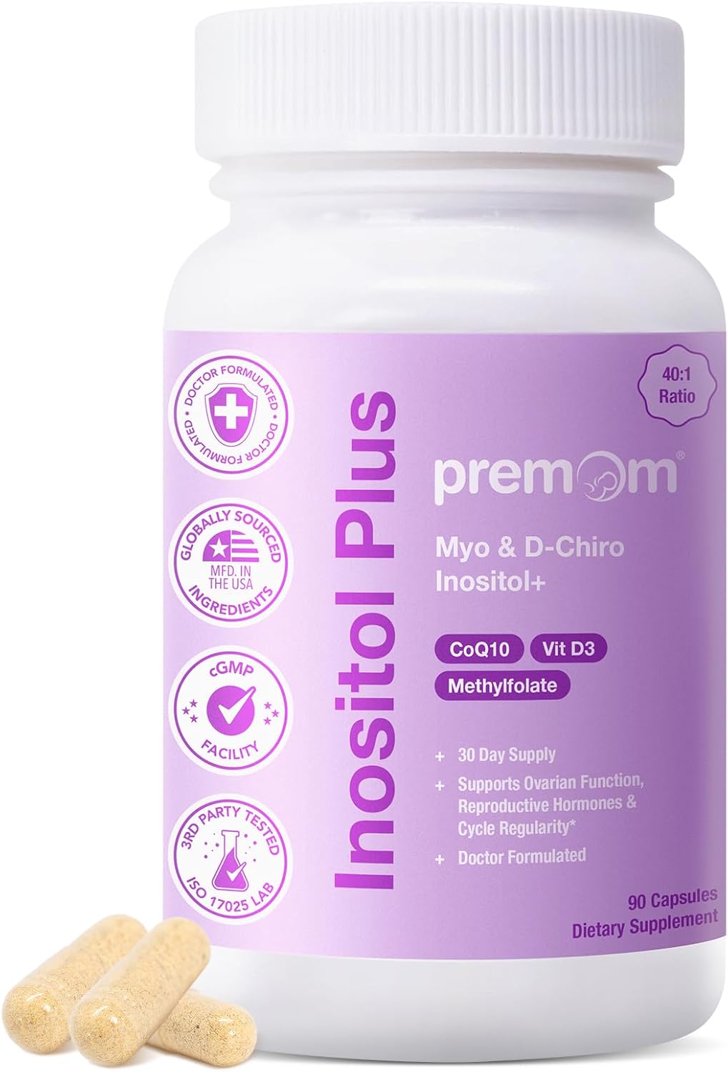 Premom Inositol Plus Supplement for Women, 2,000mg Myo-Inositol & 50mg D-Chiro Inositol, 40:1 Ratio, CoQ10, Methylfolate & Vitamin D3, Fertility, Hormone Balance & Ovarian Support*, 90 Veggie Capsules