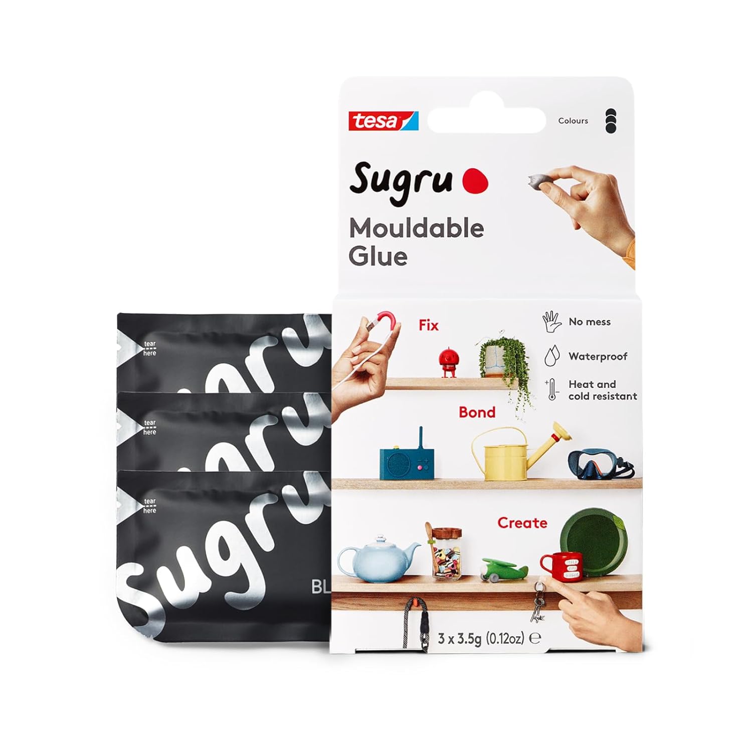 Tesa Sugru Super Glue - Waterproof Wood Glue for Home Improvement & Crafts - Use as a Poster Putty or Silicone Adhesive for Repairing & Bonding - 3 Pack - Black (3.5g/ea)