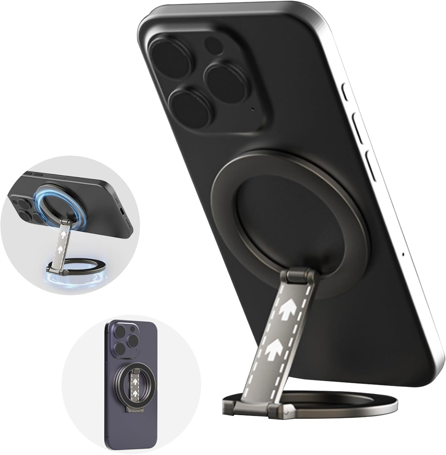 Fofvccv for MagSafe Double Sided Magnetic Phone Ring Grip Holder, 360° Rotatable Kickstand Detachable Magnetic Phone Loop Grip Stand with Iron Pad for iPhone 16/15/14/13/12/Samsung/Google, 9D Black